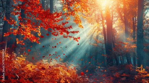 Beautiful autumn forest with sun rays of nature scenery. AI generated © MUCHIB