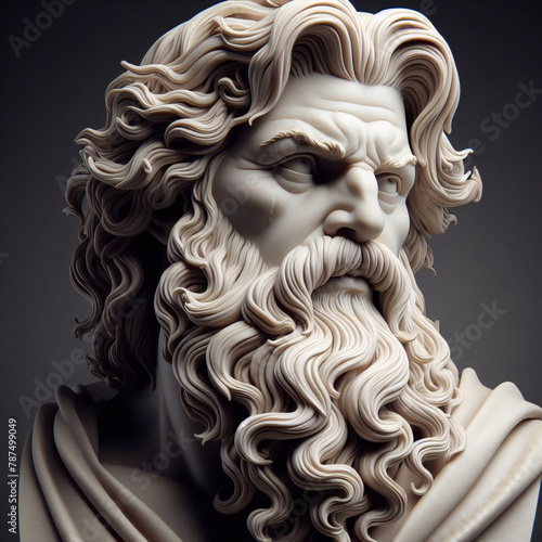 Handsome marble statue of powerful greek god Zeus over dark background, The powerful king of the gods in ancient Greek religion. 