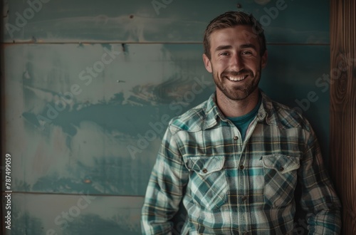 Smiling Young Man in Plaid Shirt Posing by Rustic Wall photo