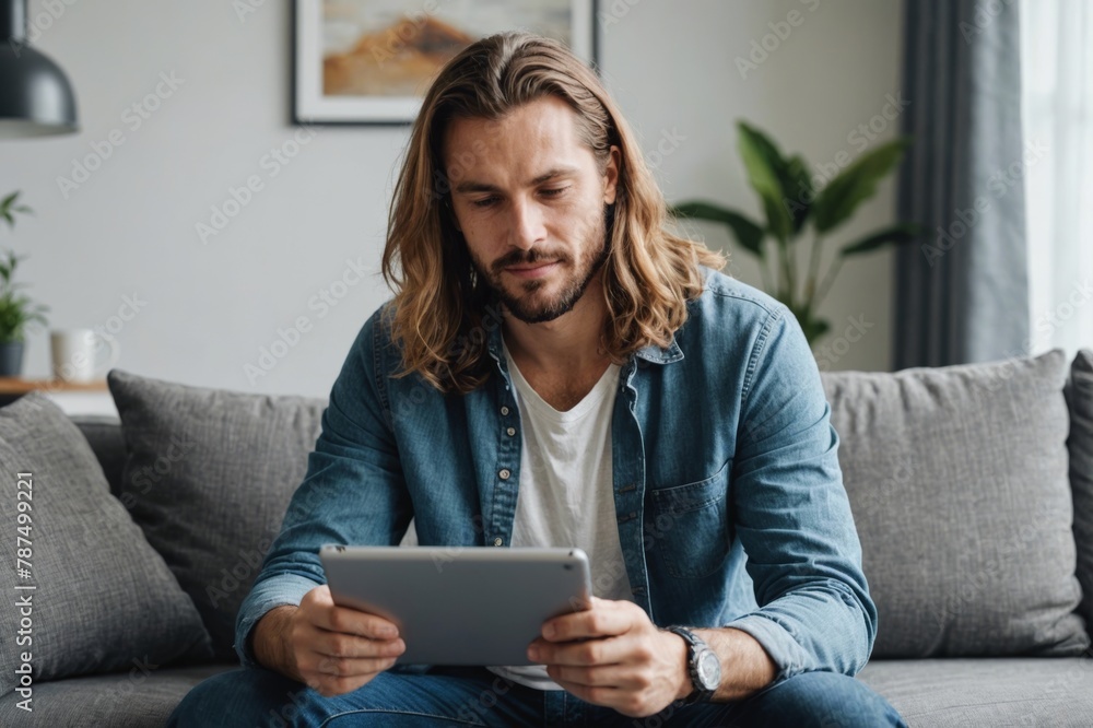 Man with long hair using tablet PC while relaxing on sofa at home Man with long hair using tablet PC while relaxing on sofa at home