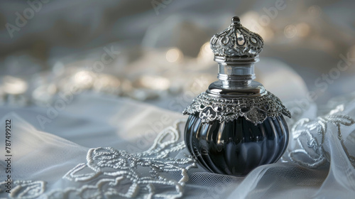 Tiny, luxurious perfume bottle with a deep shade. Positioned on elegant white lace. Dark bottle with silver label and top. Perfume maker ad. Room for text and design.
