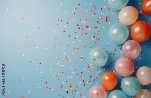 Group of Balloons With Confetti on Blue Background