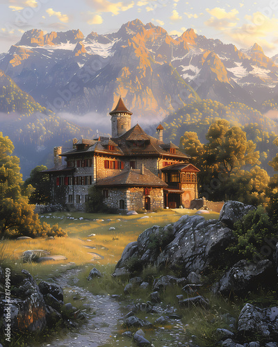 Abstract Artwork: House in the Liechtenstein Mountains, Vibrant Painting, Modern Art