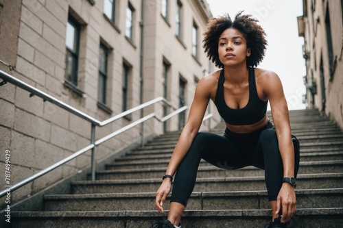 Low angle view of young Mixed race woman exercising on stairs in the city