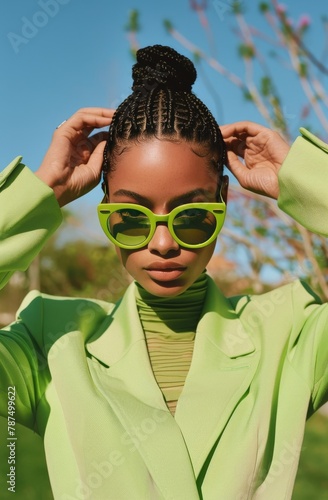Woman in Green Suit and Sunglasses
