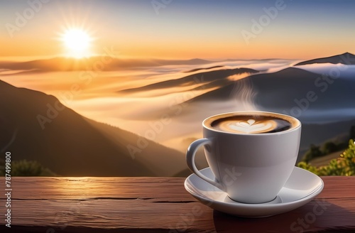 A cup of hot coffee against the backdrop of mountains and dawn. Cheerfulness from the beginning of the day