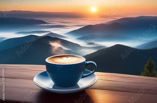 A cup of hot coffee against the backdrop of mountains and dawn. Cheerfulness from the beginning of the day