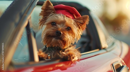 Trendy hat wearing Small dog breed yorkshire Terrier looks out the open window of the car. Closeup