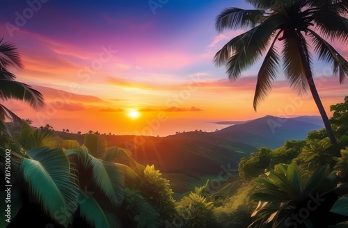 Sunset over a tropical island. Romantic postcard.