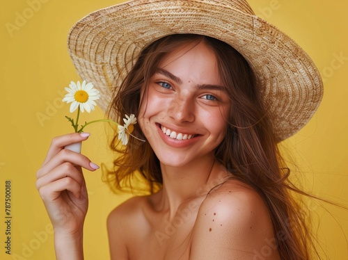Woman in Straw Hat Holding Daisy