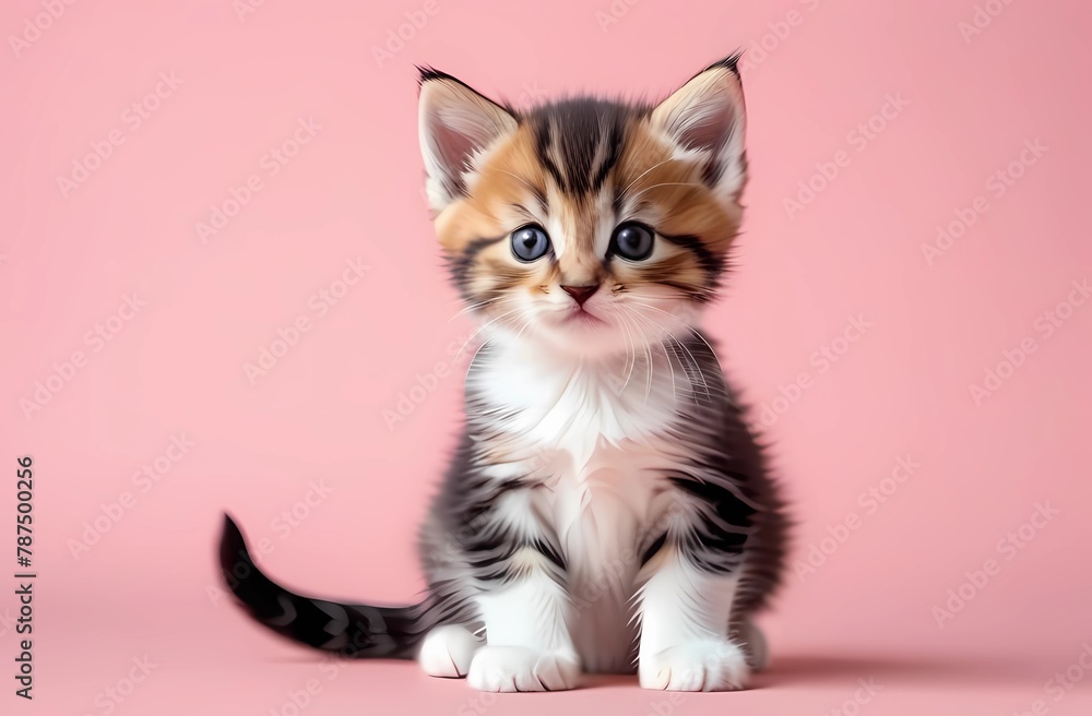 Fototapeta premium Small kitten on isolated pink background.