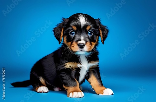 Small puppy on isolated blue background.