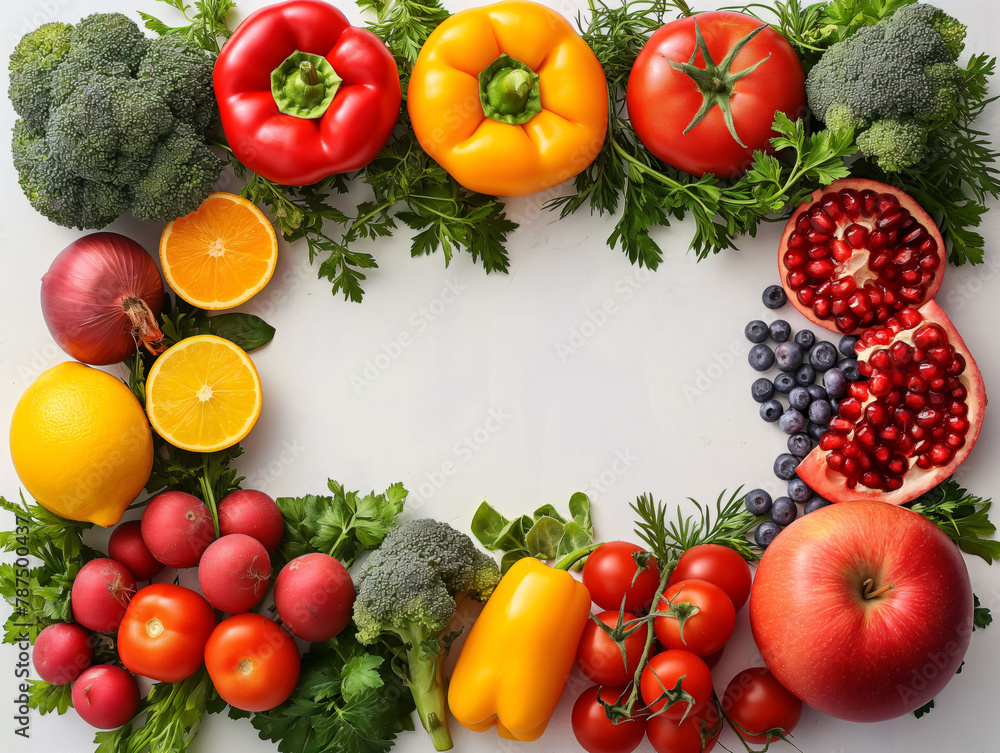 Top view of fruits and vegetables arranged neatly on a table Top view of fruits and vegetables arranged neatly on a table