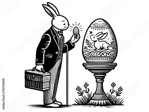 The rabbit shows the Easter egg to the big egg. Coloring book. Raster, generative ai. photo