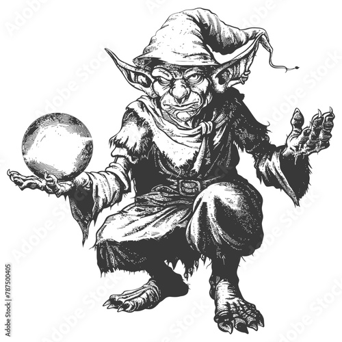 goblin mage or necromancer with magical orb images using Old engraving style