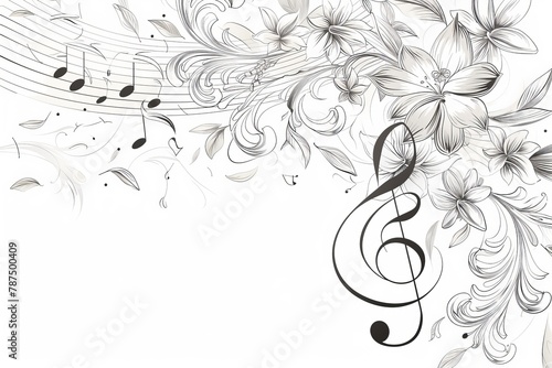 Vector illustration of musical notes and treble clef with floral ornament isolated on white background, vector black outline