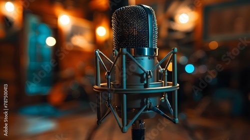 Retro Mic Poised for Pristine Audio in Studio. Concept Studio Recording, Retro Microphone, Audio Equipment, Pristine Sound, Podcasting