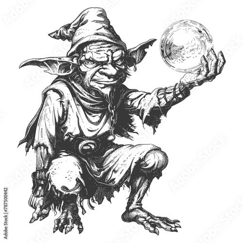 goblin mage or necromancer with magical orb images using Old engraving style