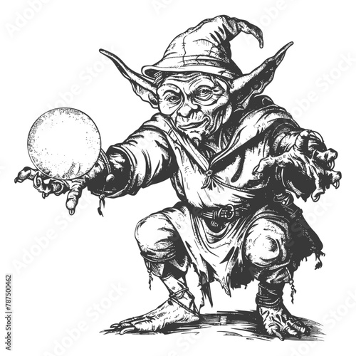 goblin mage or necromancer with magical orb images using Old engraving style
