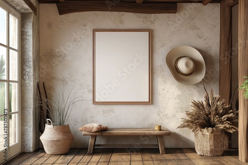 A mockup of a blank square photo frame hanging in the middle of wall with Western, cowboy, rustic decoration