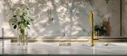White Vase With White Flowers on Kitchen Counter
