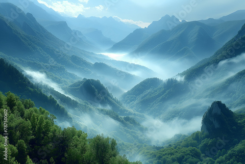 Amazing nature scenery  mountains under morning mist 