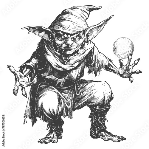 goblin mage or necromancer with magical orb images using Old engraving style