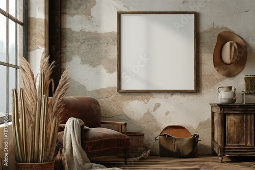 A mockup of a blank square photo frame hanging in the middle of wall with Western, cowboy, rustic decoration