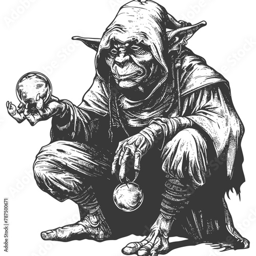 goblin mage or necromancer with magical orb images using Old engraving style