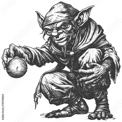 goblin mage or necromancer with magical orb images using Old engraving style