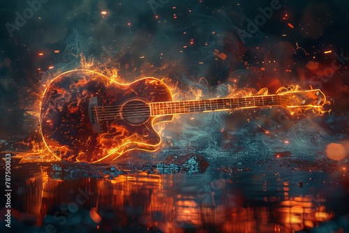 Guitar on fire on dark background