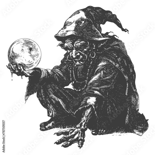 goblin mage or necromancer with magical orb images using Old engraving style