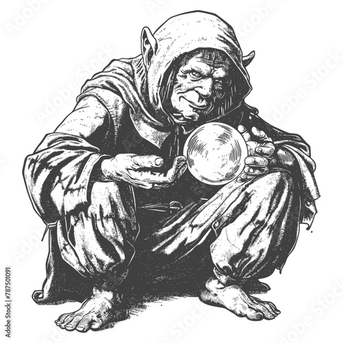 goblin mage or necromancer with magical orb images using Old engraving style