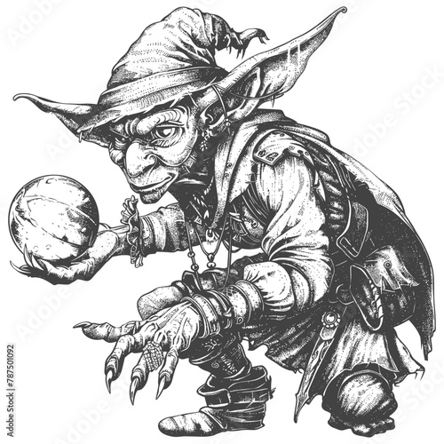 goblin mage or necromancer with magical orb images using Old engraving style