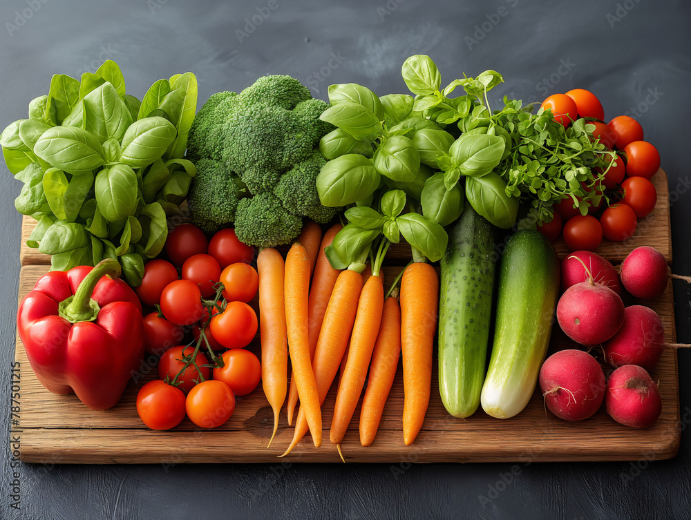 Top view of fruits and vegetables arranged neatly on a table Top view of fruits and vegetables arranged neatly on a table