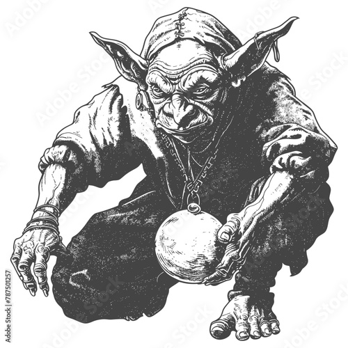 goblin mage or necromancer with magical orb images using Old engraving style