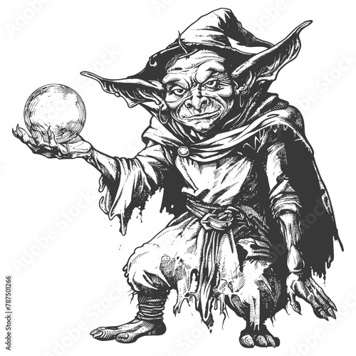 goblin mage or necromancer with magical orb images using Old engraving style