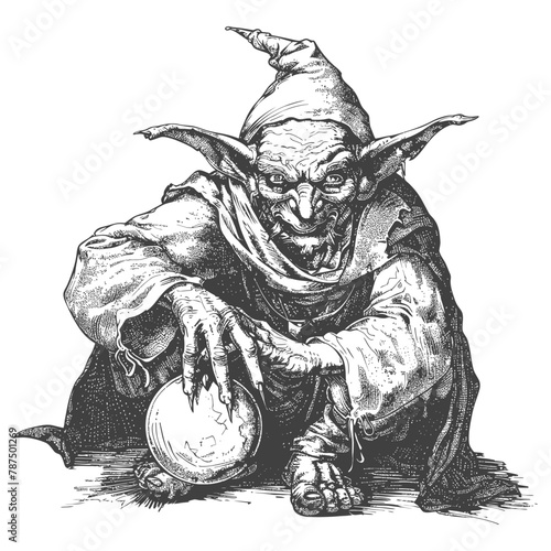 goblin mage or necromancer with magical orb images using Old engraving style