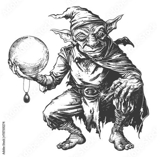goblin mage or necromancer with magical orb images using Old engraving style