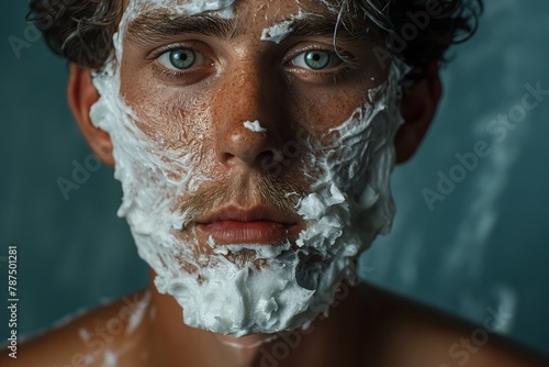 My skin loves this product Studio shot of a young man washing his face against man's face in foam for washing a man in the shower washes his face or shaves his stubble and beard portrait of brutal man photo