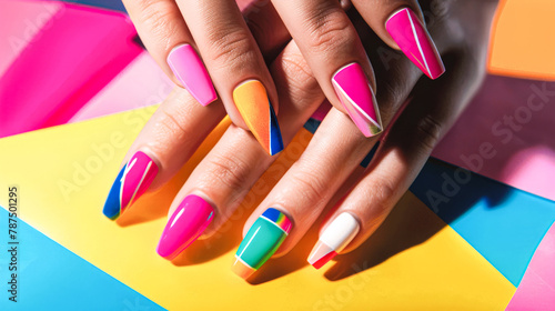 Vibrant Neon Nails on Multicolored Background Showcasing Modern Manicure Trends photo