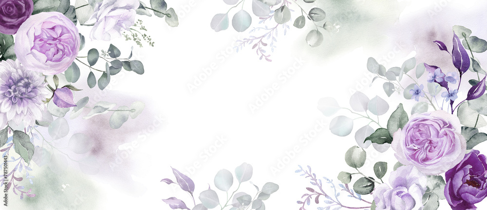 Watercolor floral background. Violet flowers and eucalyptus greenery border. Illustration isolated on transparent background. Purple roses, lilac peony for wedding stationary, greeting card