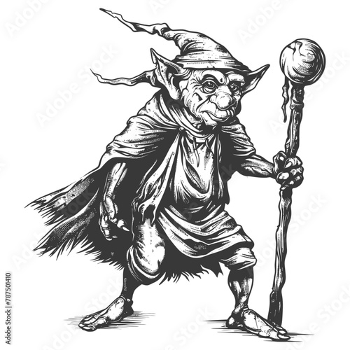 goblin mage or necromancer with magical staff images using Old engraving style