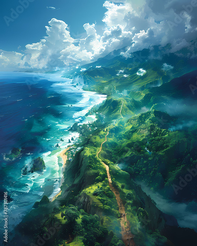 Trinidad and Tobago North American Painting Landscape Ocean Mountain Vivid Colors Artwork