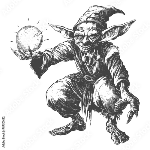 goblin mage or necromancer with magical orb images using Old engraving style