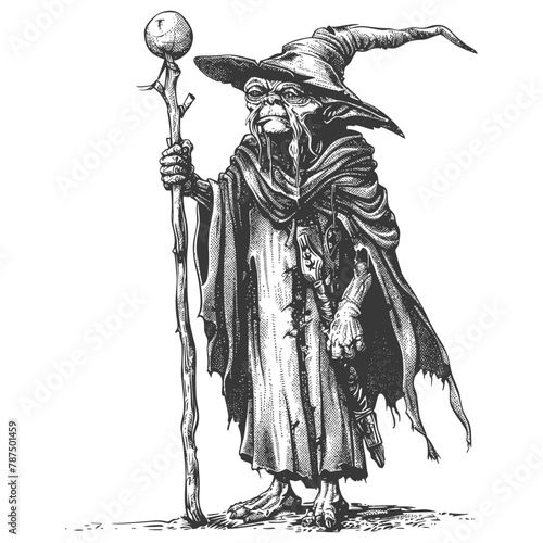 goblin mage or necromancer with magical staff images using Old engraving style