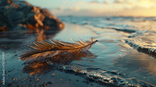 A feather laying on the beach next to a body of water, AI