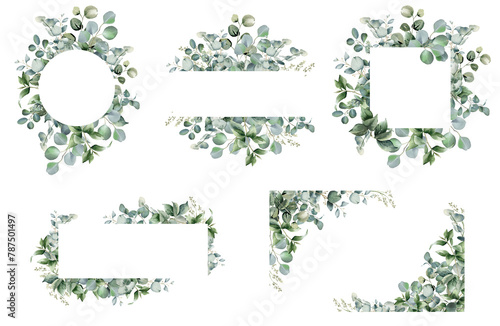 Eucalyptus leaves border set. Watercolor illustration isolated on transparent background. Greenery clipart for wedding invitation, greeting cards, save the date. Hand drawn sage green herbs © Nataliya Kunitsyna