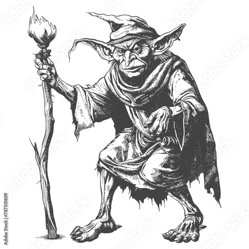goblin mage or necromancer with magical staff images using Old engraving style
