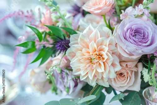 Refined Floral Table Decor, Cream Dahlias, Blurred Background photo
